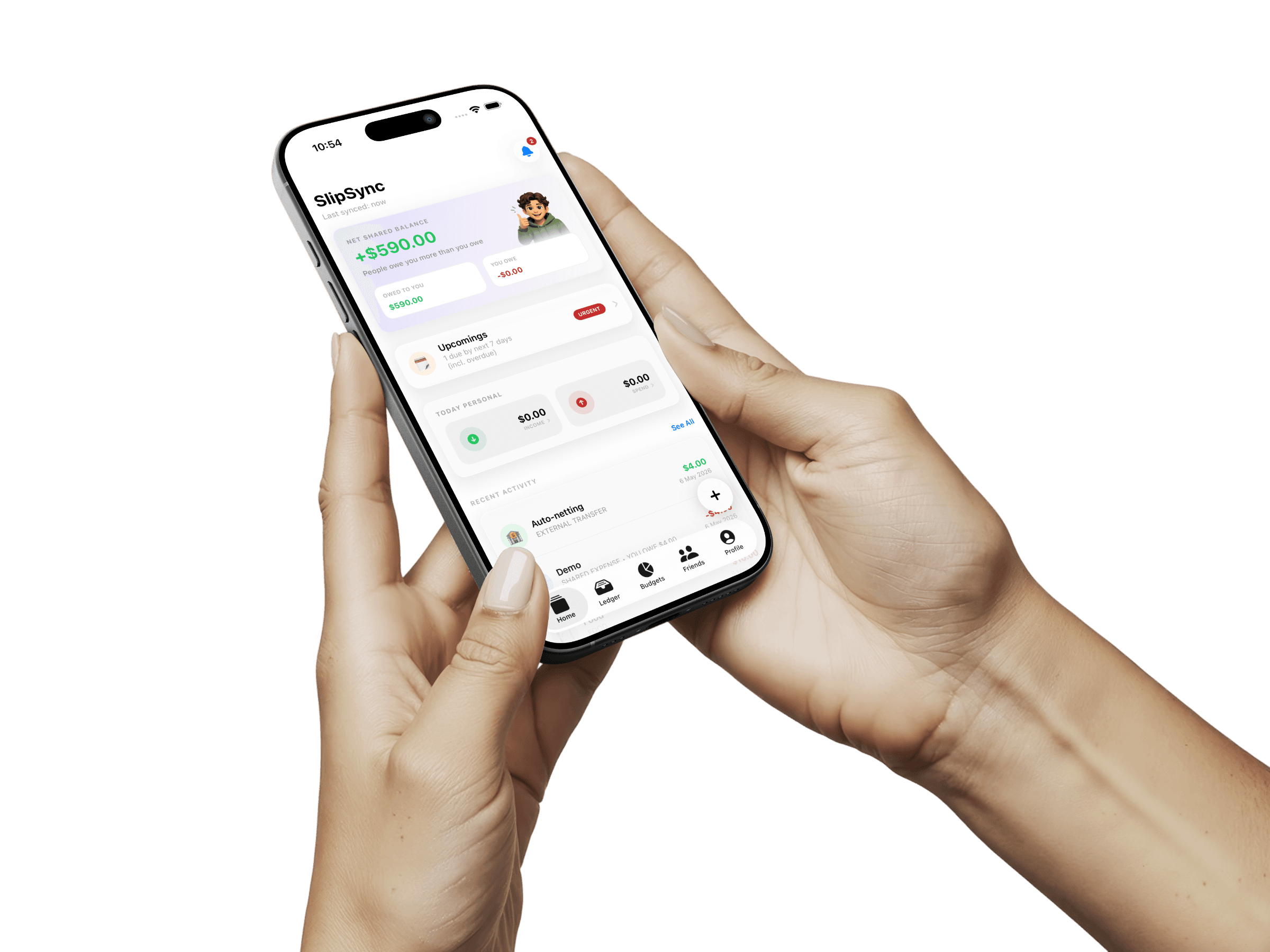 Hand holding an iPhone with SlipSync on screen